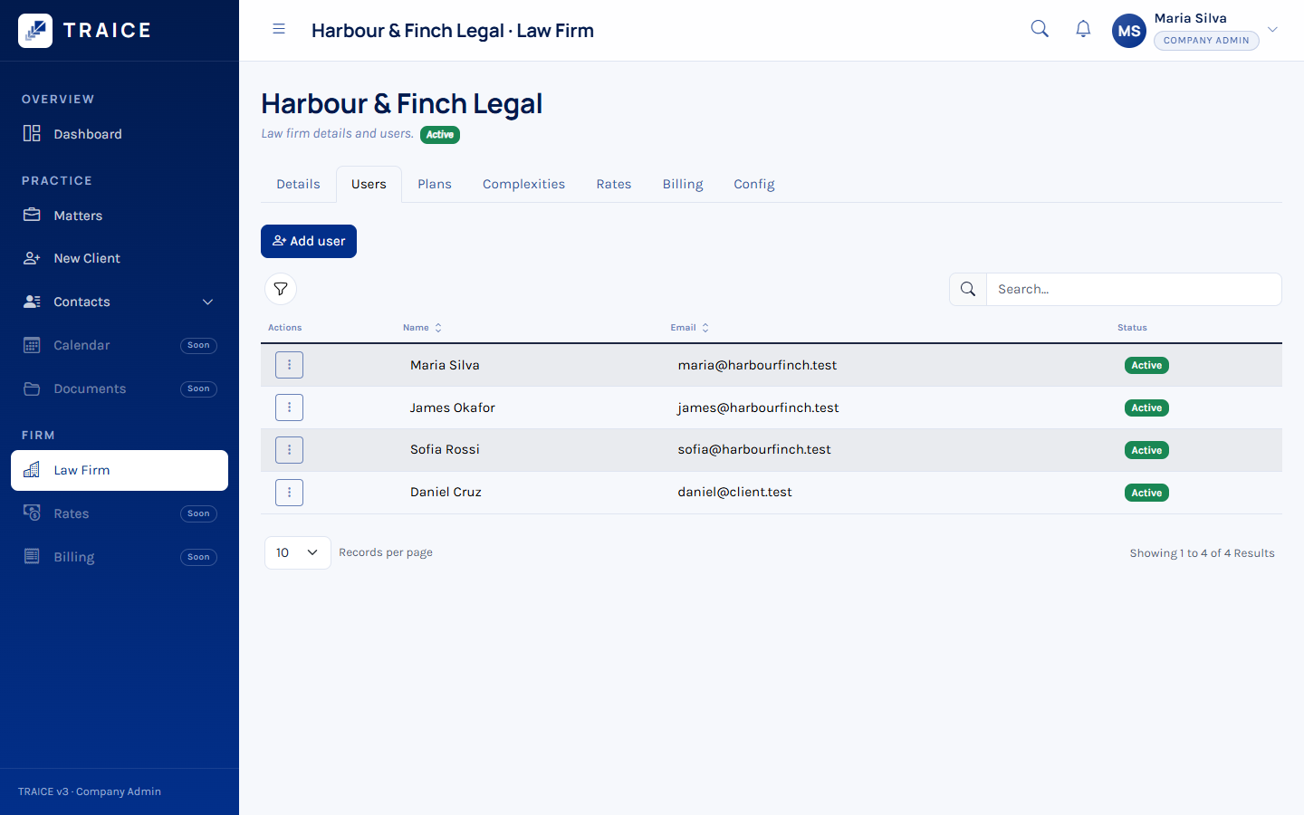 TRAICE law firm screen listing the firm's users